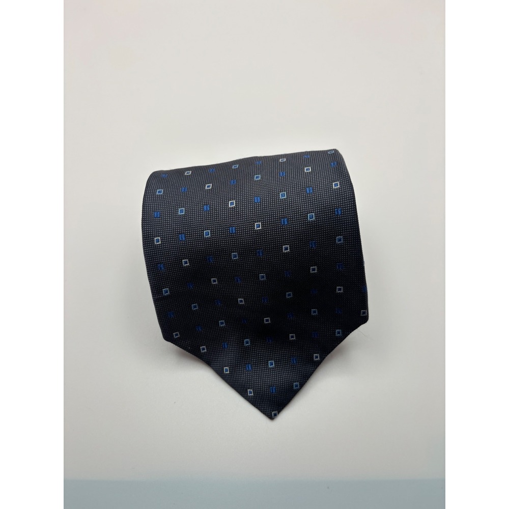 Van Heusen Mens Silk Tie Charcoal Grey Blue Silver Square Geometric Pattern